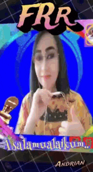 a woman giving a thumbs up in front of a blue background with frr written on it