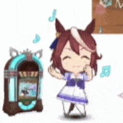 a cartoon horse is dancing next to a jukebox with music notes coming out of it .