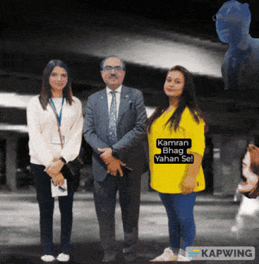 a group of people standing next to each other with kamran bhaga yahan se written on their shirt