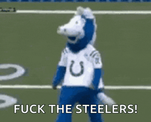 a blue and white horse mascot on a field with the words " fuck the steelers " below it