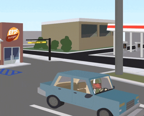 a car is driving past an epic burger