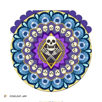 a purple and blue mandala with skulls and crossbones