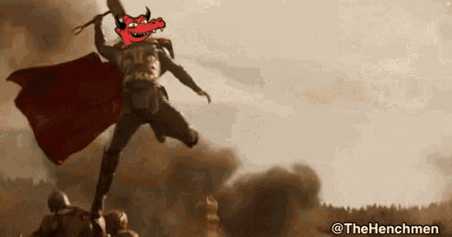 a cartoon of a warrior with a red cape and a red dragon on his head