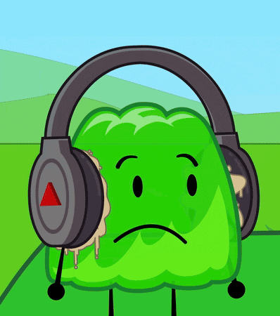a green cartoon character wearing headphones with a red triangle in the middle