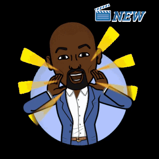 a cartoon of a man in a blue suit with the words new video behind him