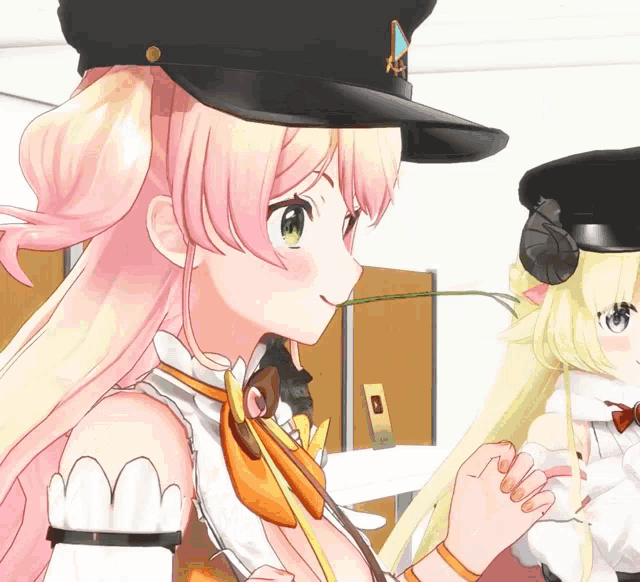 two anime girls are standing next to each other with one wearing a hat that says a on it