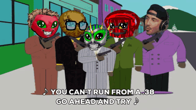 a group of cartoon characters are standing on a street with the words you can 't run from a.38