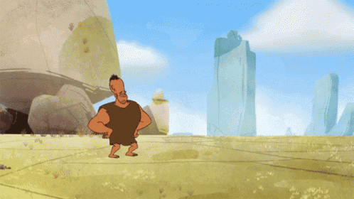 a cartoon of a man standing in front of a bull with its mouth open