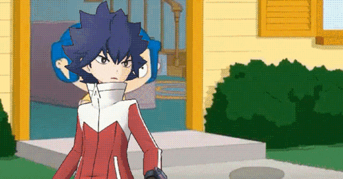 a cartoon character with blue hair is standing in front of a house .
