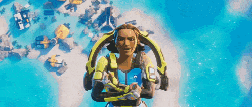 a woman in a blue and yellow outfit is standing in front of a blue sky