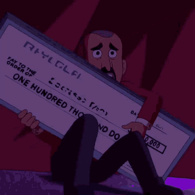 a man is holding a check that says one hundred thousand dollars