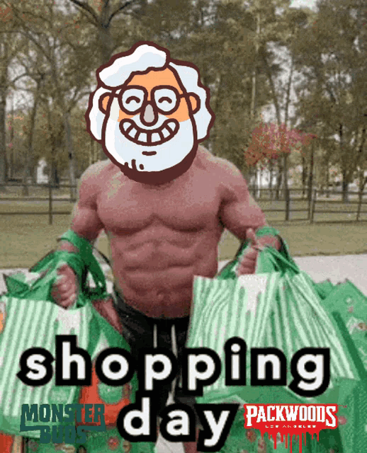 a picture of a shirtless man holding shopping bags with the words shopping day packwoods on the bottom
