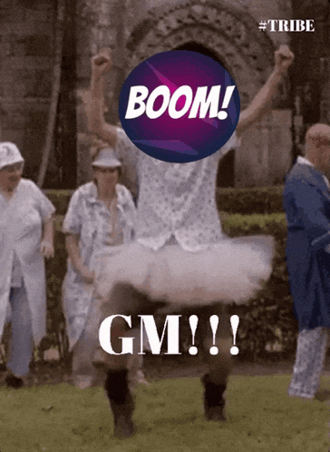 a man in a tutu is jumping in the air with the words boom gm written above him