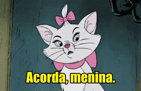 a cartoon cat with a pink bow and the words acorda menina on the bottom
