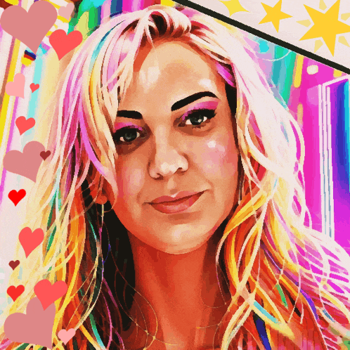 a colorful painting of a woman with hearts and stars surrounding her