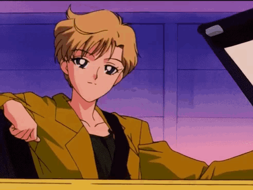 a cartoon character in a yellow jacket is sitting in a yellow car