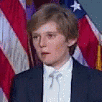 a man in a suit and tie is standing in front of a flag .