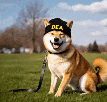 a dog wearing a dea hat is sitting in the grass