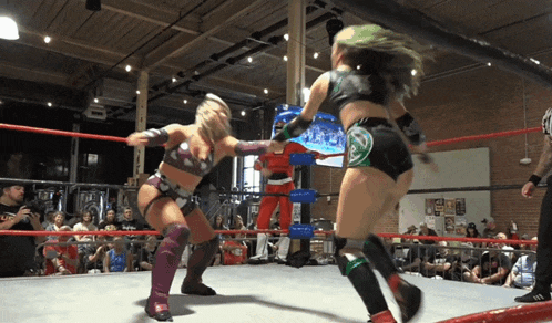 two women are wrestling in a ring and one has a sticker on her shorts that says ' sd '