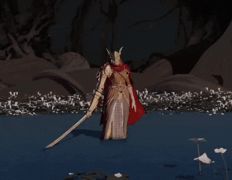 a painting of a woman in a red cape holding a sword