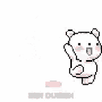 a pixel art drawing of a white teddy bear with pink cheeks and arms .