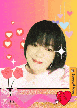 a picture of a girl with hearts around her and the words spread love on the bottom
