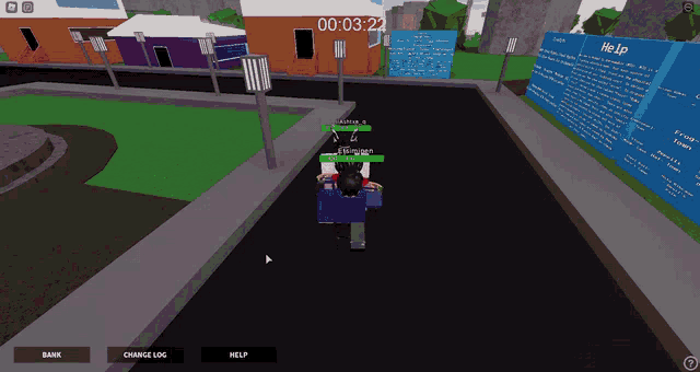 a screenshot of a video game shows a person standing in front of a blue sign that says help