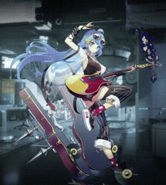 a girl with blue hair is holding a guitar and skateboard