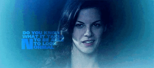 a close up of a woman 's face with the words " do you know what it takes to be able to look normal "