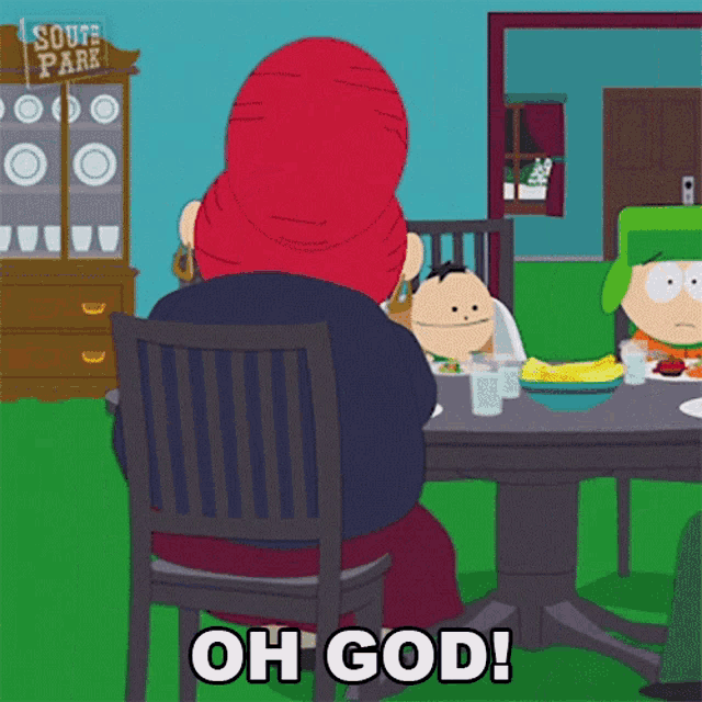 a cartoon of a man sitting at a table with the words oh god