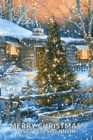 there is a christmas tree in the snow in front of a house .