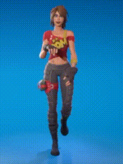 a woman in a red shirt and brown pants is dancing on a blue background .
