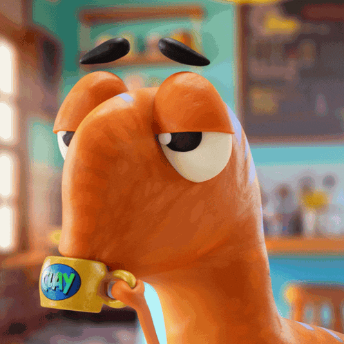 a cartoon worm is drinking from a yellow cup that says quay