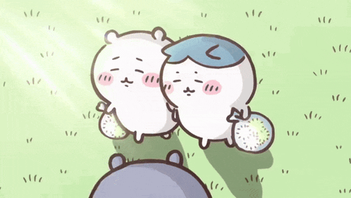 a cartoon drawing of two bears standing next to each other on a grassy field