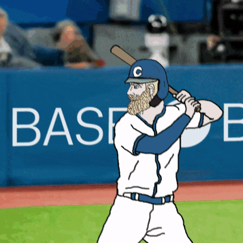 a baseball player is swinging a bat in front of a base logo