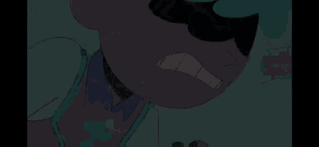 a close up of a cartoon character with blue hair making a funny face