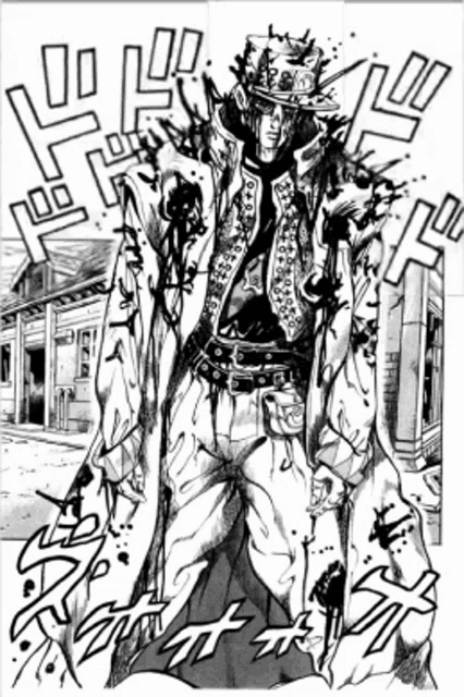 a black and white drawing of a man with blood coming out of his clothes .