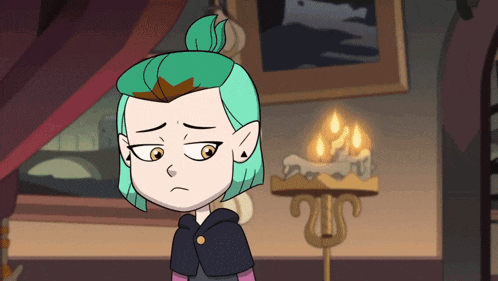 a cartoon character with a sad look on her face is standing in front of a candle holder