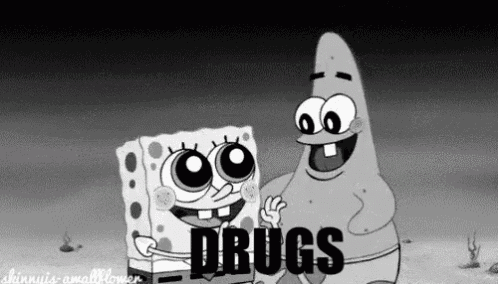 spongebob and patrick from spongebob squarepants are holding hands in a black and white cartoon .