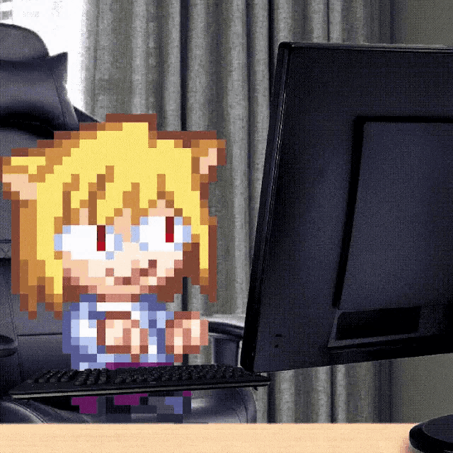 a pixel art of a person sitting in front of a computer monitor