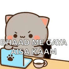 a cartoon cat is sitting at a table with a laptop and cup of coffee .