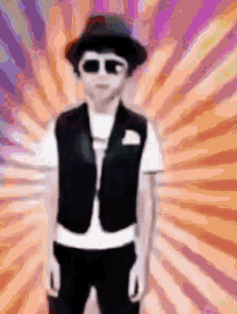 a man wearing sunglasses and a hat is standing in front of a colorful background