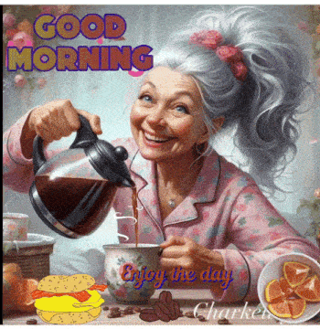 a woman is pouring coffee into a cup with the words good morning