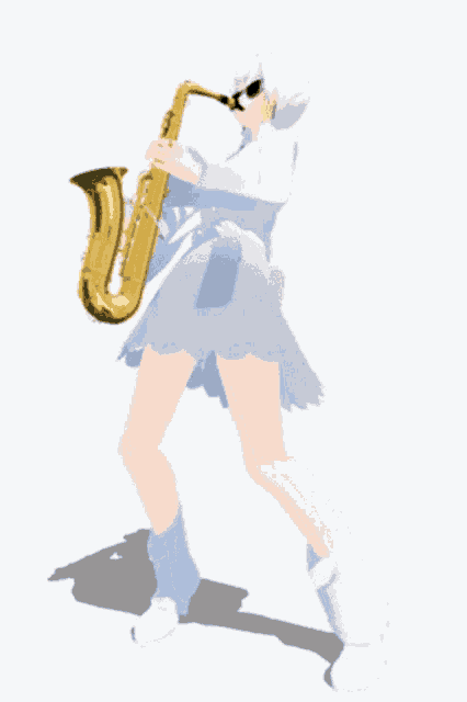 a woman in a white dress is playing a gold saxophone
