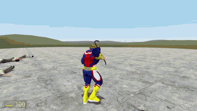 a video game shows a superhero standing in a field with a score of 100