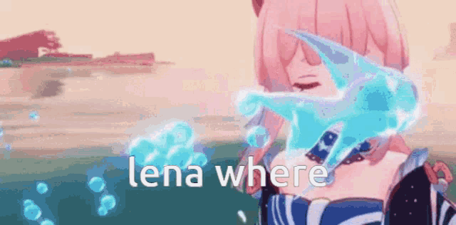 a girl with pink hair is holding a blue object in her hands and the words lena where are written on the bottom .