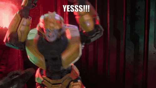 a robot with the words yesss !!! above it
