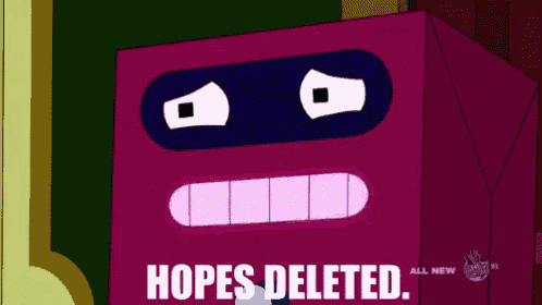a cartoon character says hopes deleted in front of a purple box
