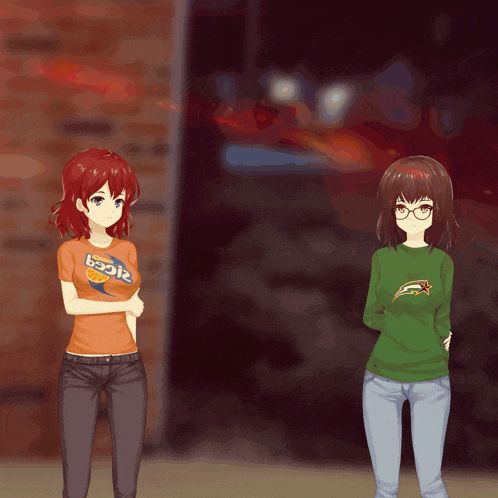 two anime girls are standing next to each other and one has a shirt that says doritos on it