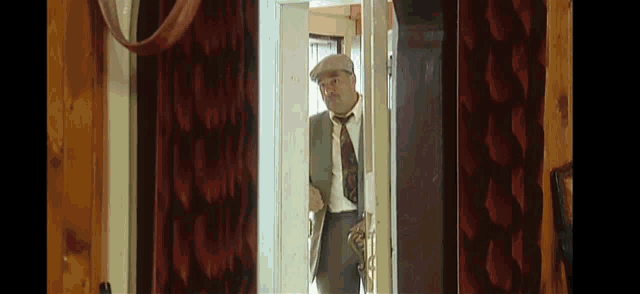 a man in a suit and tie is standing in an open doorway
